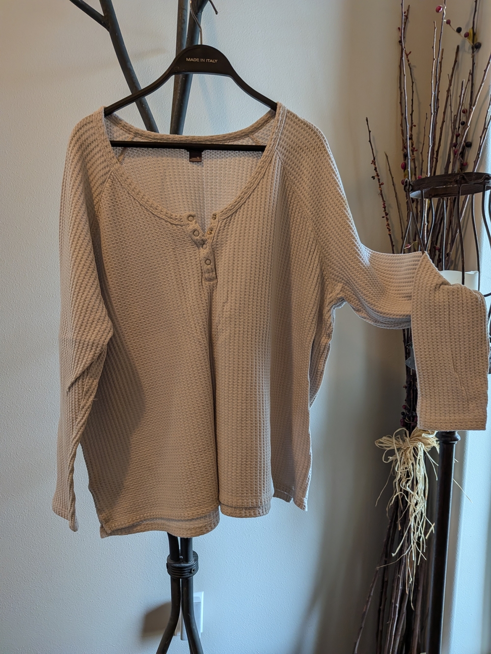 Eddie Bauer Women's Waffle Knit Henley Top in Light Gray